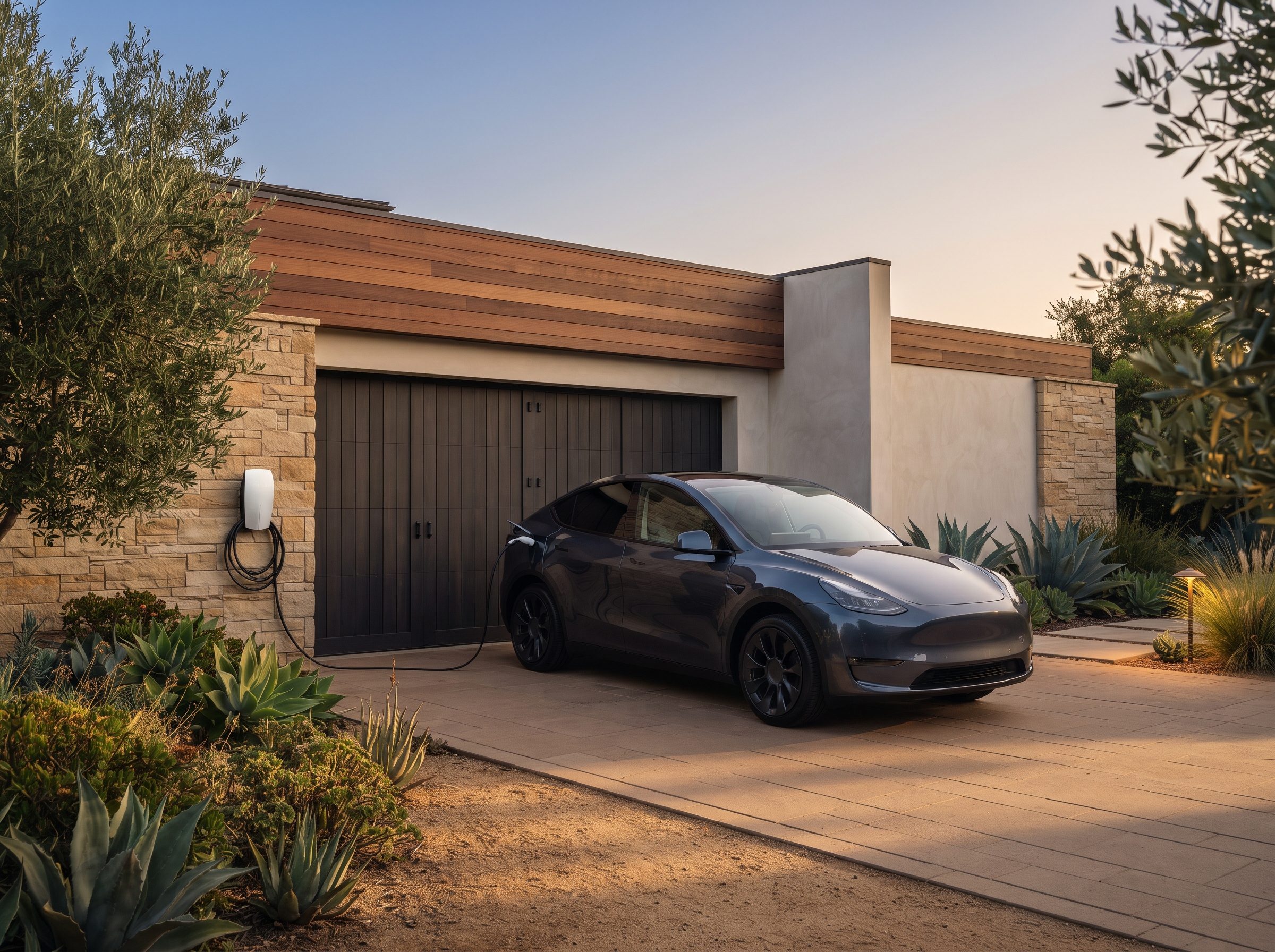 EV charging — Level 2 home EV charger with a clean electric crossover plugged in