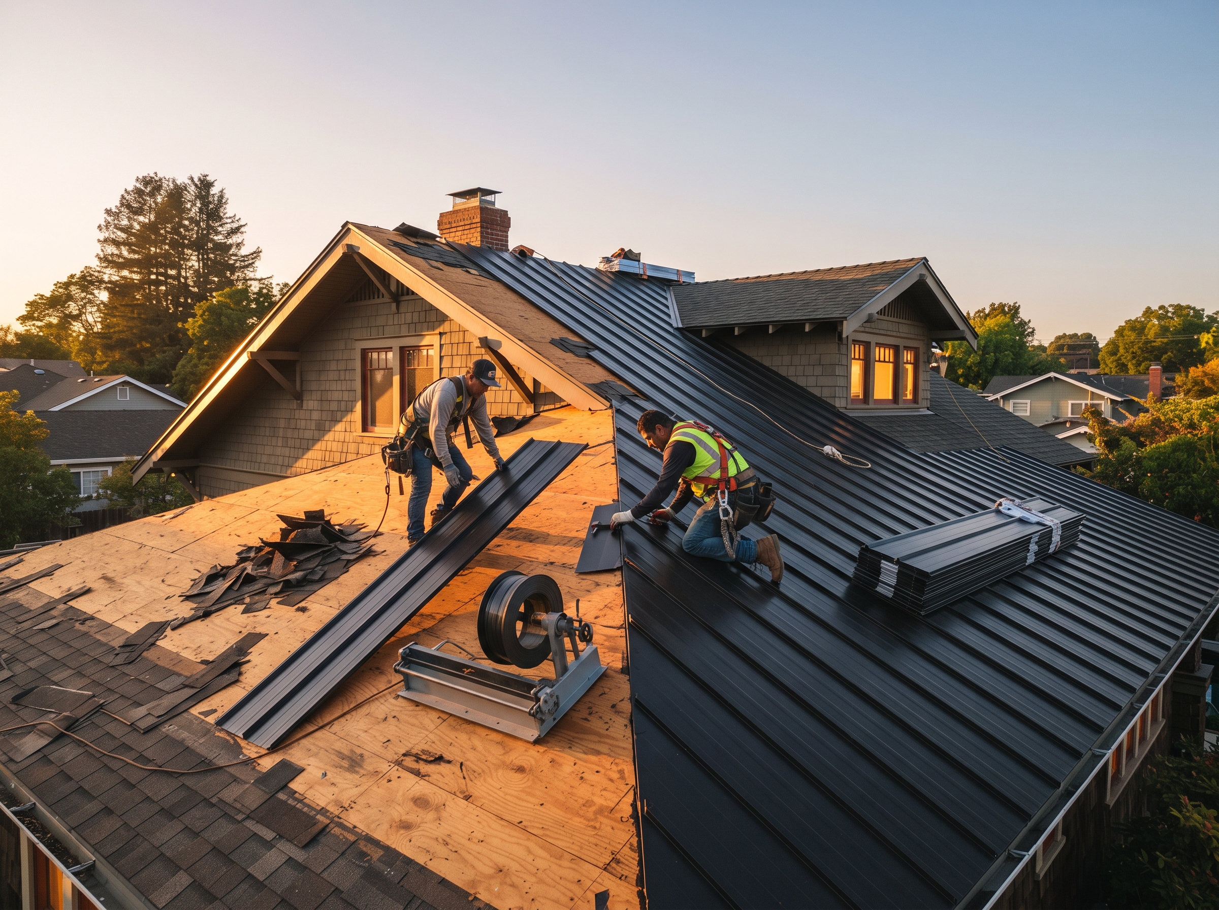 Roofing — workers installing standing-seam metal roofing on a California home
