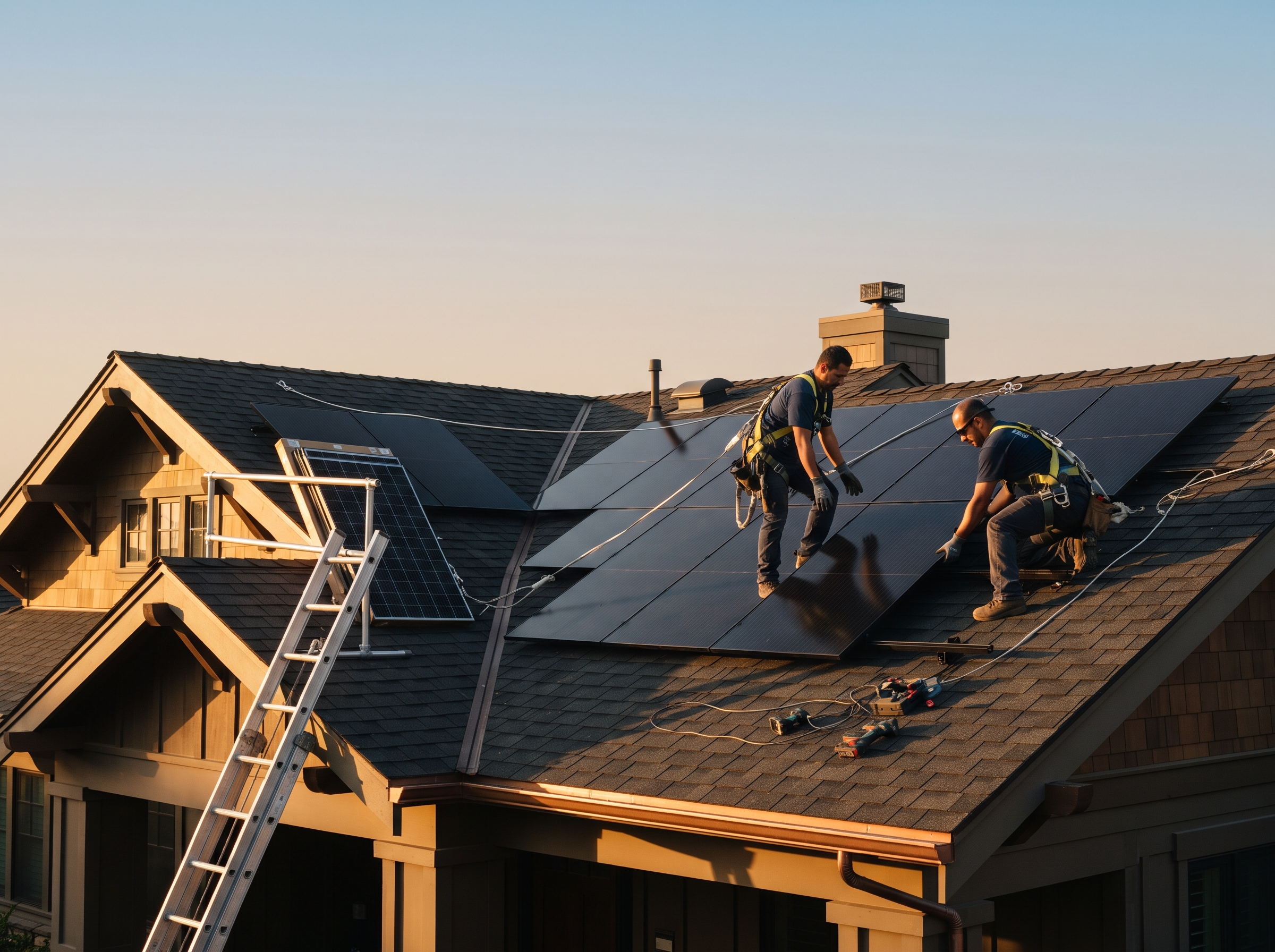 Solar — residential and commercial PV array installation on a California rooftop